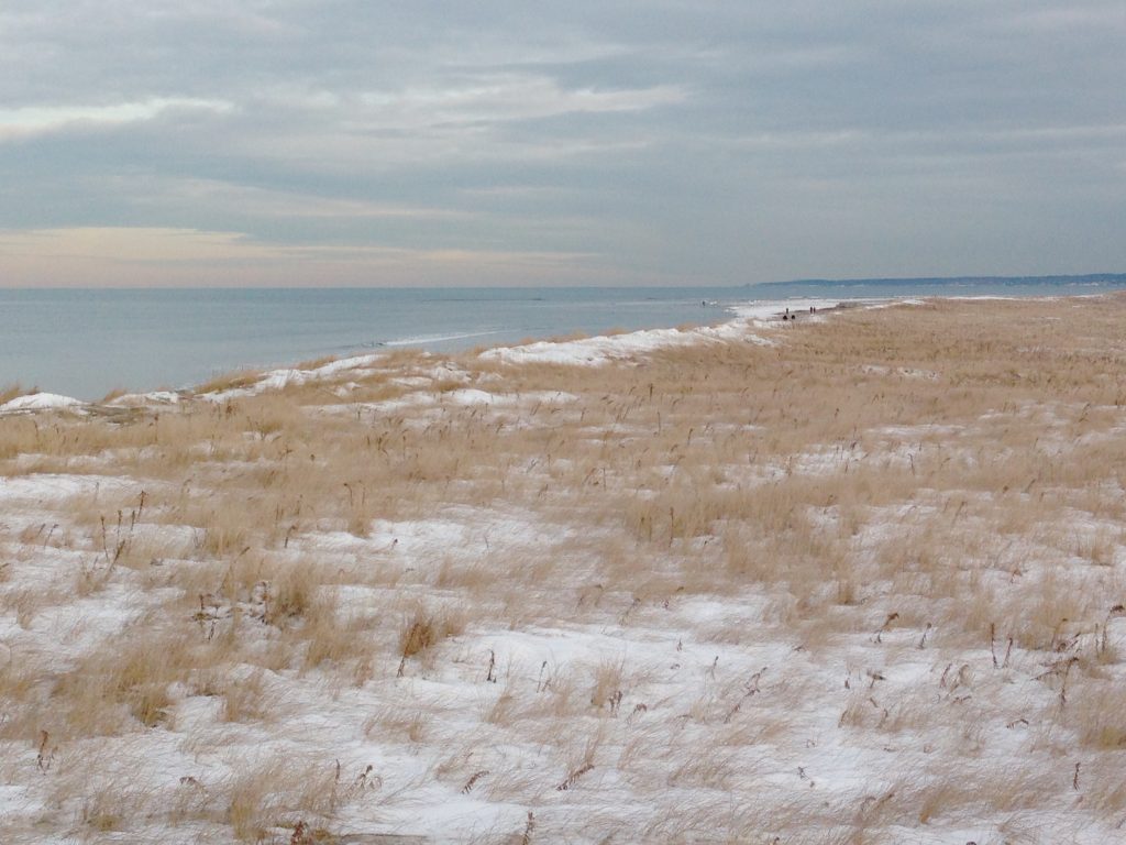 Snow on a beach against a cloudy sky.