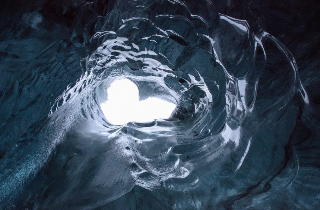Ice chimney from inside a glacier in Iceland