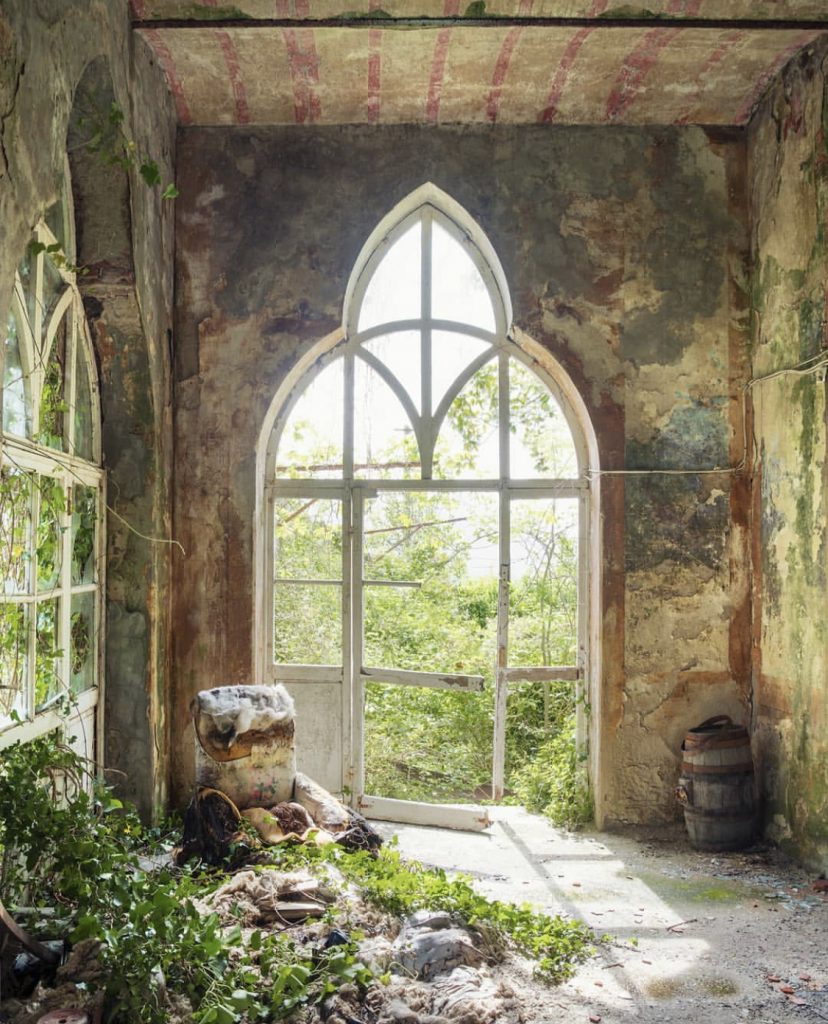 Il posto delle fragole by Nicola Bertellotti. A decaying window frame is slowly taken back by nature. 