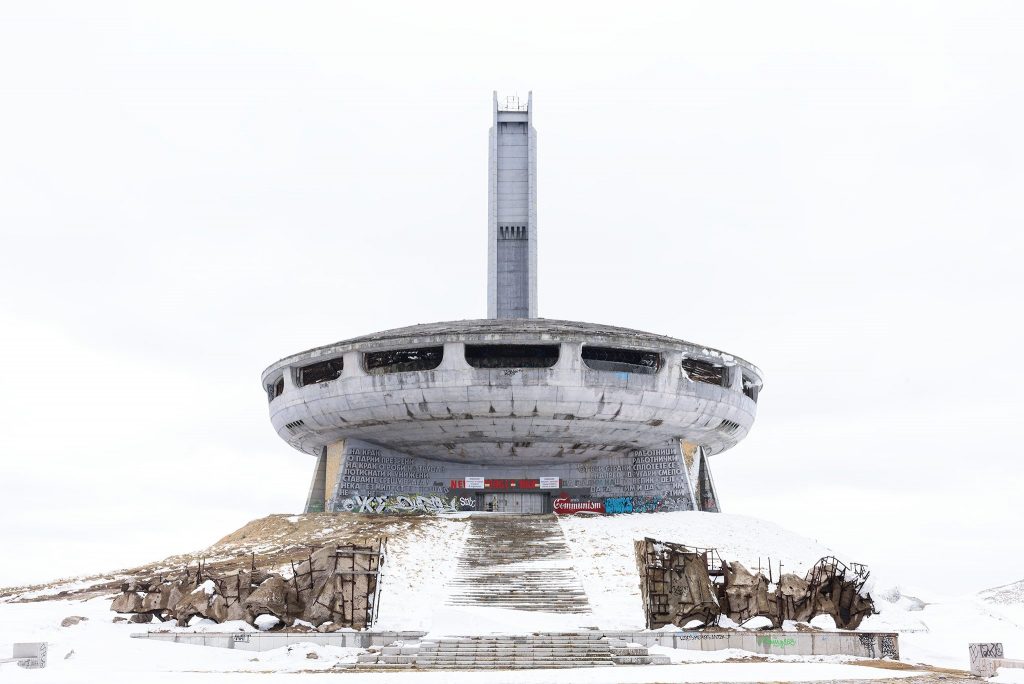 Futuristic abandoned building in the snow.