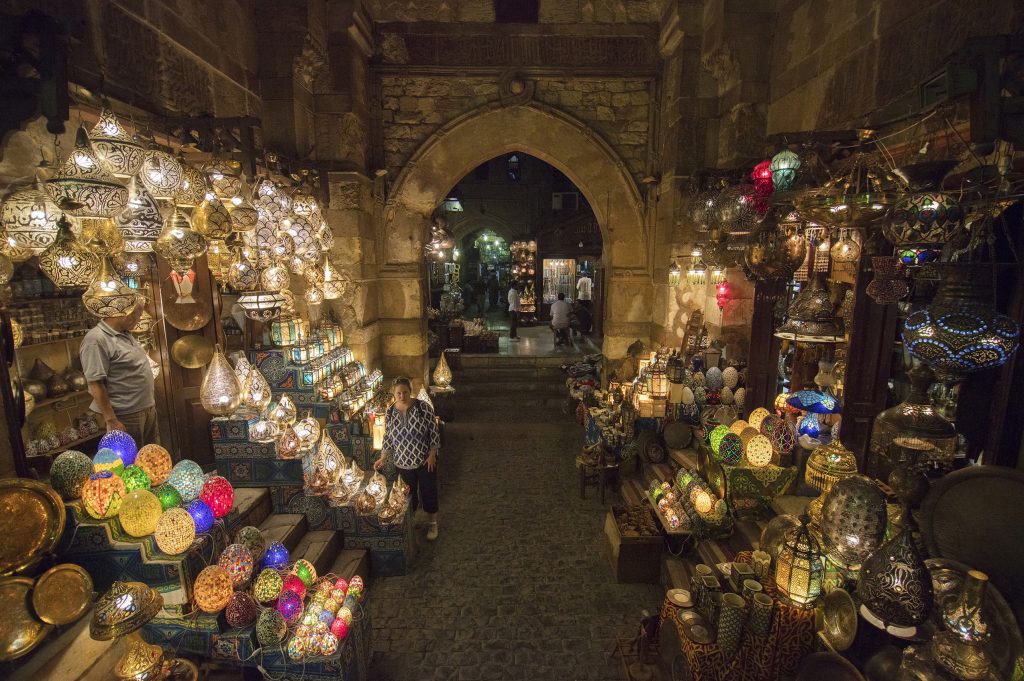 The market of Khan el-Khalili is filled with lights and trinkets from the local shops. 