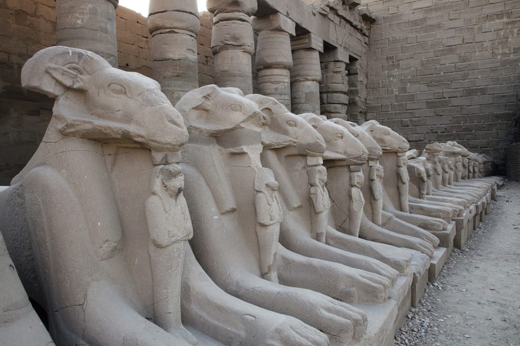 A line of sphinx statues at the Temple of Karnak. 