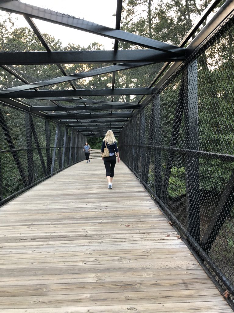 Walking on the bridge, over railroad tracks