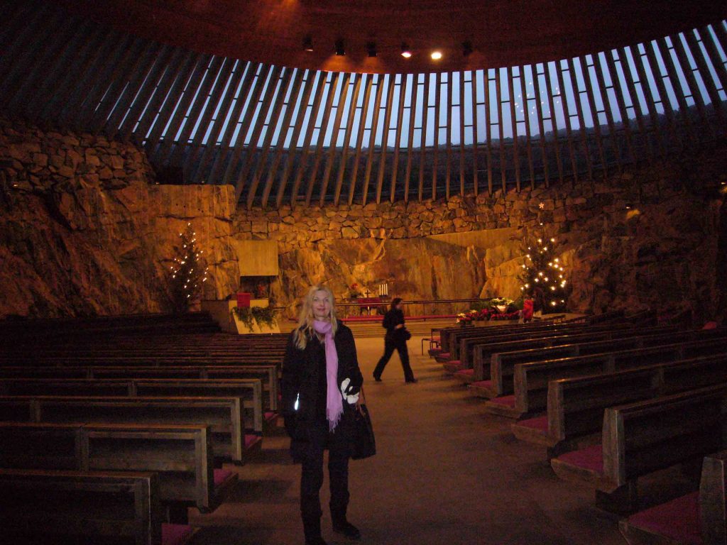 Tijana inside the Temppeliaukio Church at Christmas time.  